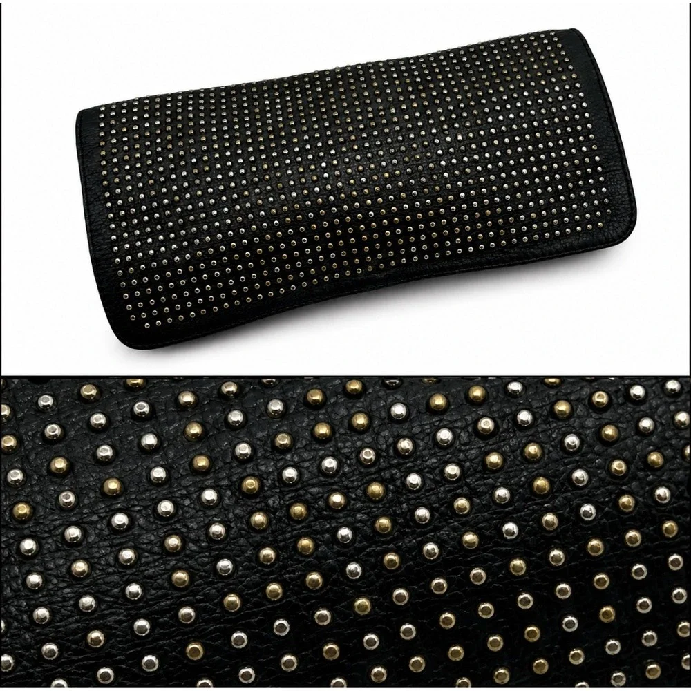 Kenneth Cole Black Studded Leather Clutch Purse Mini Evening Bag Silver Gold